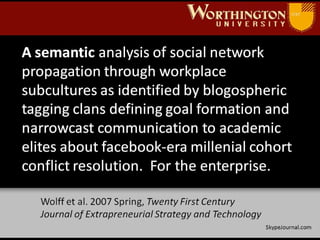SkypeJournal.com A semantic analysis of social network propagation through workplace subcultures as identified by blogospheric tagging clans defining goal formation and narrowcast communication to academic elites about facebook-era millenial cohort conflict resolution.  For the enterprise. Wolff et al. 2007 Spring,  Twenty First Century Journal of Extrapreneurial Strategy and Technology 