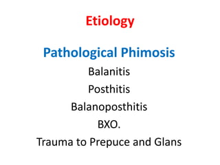 Etiology
Pathological Phimosis
Balanitis
Posthitis
Balanoposthitis
BXO.
Trauma to Prepuce and Glans
 