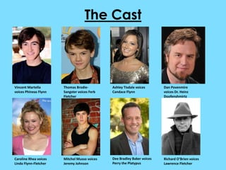 The Cast



Vincent Martella       Thomas Brodie-         Ashley Tisdale voices      Dan Povenmire
voices Phineas Flynn   Sangster voices Ferb   Candace Flynn              voices Dr. Heinz
                       Fletcher                                          Doofenshmirtz




Caroline Rhea voices   Mitchel Musso voices   Dee Bradley Baker voices   Richard O’Brien voices
Linda Flynn-Fletcher   Jeremy Johnson         Perry the Platypus         Lawrence Fletcher
 