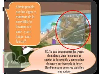 ¿Seria posible que las vigas  y maderas de la carretilla se llevasen sin caer , y sin hacer  casi fuerza?  NO. Tal cual están puestos los trozos de madera y vigas  metálicas  se caerían de la carretilla y además debe de pesar y ser incomoda de llevar. (También ocurre con otros utensilios que portan) 