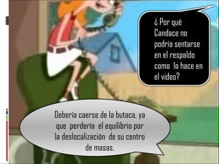¿ Por qué Candace no podría sentarse en el respaldo como  lo hace en el video? Debería caerse de la butaca, ya que  perdería  el equilibrio por la deslocalización  de su centro de masas. 