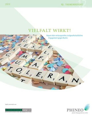 2013

12

12. THEMENREPORT

VIELFALT WIRKT!
Report über wirkungsvolles zivilgesellschaftliches
Engagement gegen Rechts

Ideell unterstützt von:

 