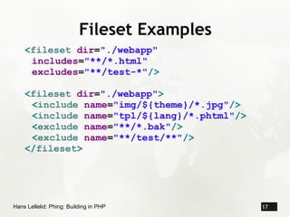 Fileset Examples
    <fileset dir=quot;./webappquot;
     includes=quot;**/*.htmlquot;
     excludes=quot;**/test-*quot;/>...