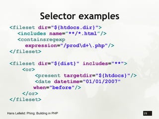 Selector examples
 <fileset dir=quot;${htdocs.dir}quot;>
    <includes name=”**/*.html”/>
    <containsregexp
      expres...