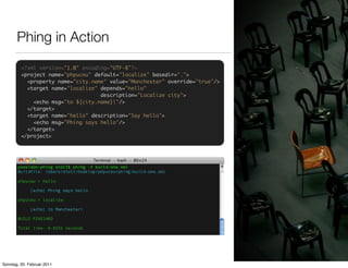 Phing in Action
         <?xml version="1.0" encoding="UTF-8"?>
         <project name="phpuceu" default="localize" basedir=".">
           <property name="city.name" value="Manchester" override="true"/>
           <target name="localize" depends="hello"
                                   description="Localize city">
             <echo msg="to ${city.name}!"/>
           </target>
           <target name="hello" description="Say hello">
             <echo msg="Phing says hello"/>
           </target>
         </project>




Sonntag, 20. Februar 2011
 