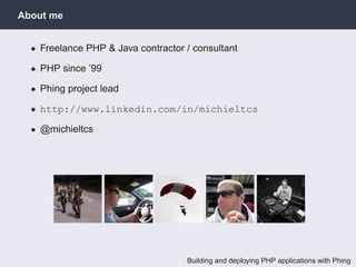 About me


  • Freelance PHP & Java contractor / consultant

  • PHP since ’99

  • Phing project lead

  • http://www.linkedin.com/in/michieltcs

  • @michieltcs




                                    Building and deploying PHP applications with Phing
 