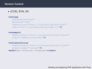 Version Control

  • (CVS), SVN, Git

  <svncopy
     username="michiel"
     password="test"
     repositoryurl="svn://localhost/phing/trunk/"
     todir="svn://localhost/phing/tags/1.0"/>

  <svnexport
     repositoryurl="svn://localhost/project/trunk/"
     todir="/home/michiel/dev"/>

  <svnlastrevision
     repositoryurl="svn://localhost/project/trunk/"
     propertyname="lastrev"/>
  <echo>Last revision: ${lastrev}</echo>




                                  Building and deploying PHP applications with Phing
 