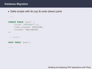 Database Migration

  • Delta scripts with do (up) & undo (down) parts

  --//

  CREATE TABLE ‘post‘ (
      ‘title‘ VARCHAR(255),
      ‘time_created‘ DATETIME,
      ‘content‘ MEDIUMTEXT
  );

  --//@UNDO

  DROP TABLE ‘post‘;

  --//




                                     Building and deploying PHP applications with Phing
 
