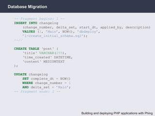 Database Migration

  -- Fragment begins: 1 --
  INSERT INTO changelog
      (change_number, delta_set, start_dt, applied_by, description)
      VALUES (1, ’Main’, NOW(), ’dbdeploy’,
      ’1-create_initial_schema.sql’);
  --//

  CREATE TABLE ‘post‘ (
      ‘title‘ VARCHAR(255),
      ‘time_created‘ DATETIME,
      ‘content‘ MEDIUMTEXT
  );

  UPDATE changelog
      SET complete_dt = NOW()
      WHERE change_number = 1
      AND delta_set = ’Main’;
  -- Fragment ends: 1 --




                                  Building and deploying PHP applications with Phing
 