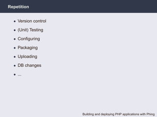 Repetition


  • Version control

  • (Unit) Testing

  • Conﬁguring

  • Packaging

  • Uploading

  • DB changes

  • ...




                      Building and deploying PHP applications with Phing
 