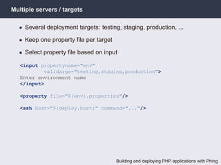Multiple servers / targets

  • Several deployment targets: testing, staging, production, ...

  • Keep one property ﬁle p...