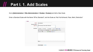 © 2014 // dBsMUSIC // Phineas de Thornley Head
// Part I. 1. Add Scales
Go to [Administration > Site Administration > Grades > Scales] and Add a New Scale.
Enter a Standard Scale with the Name "BTec Standard", and the Scale as “Not Yet Achieved, Pass, Merit, Distinction”
 
