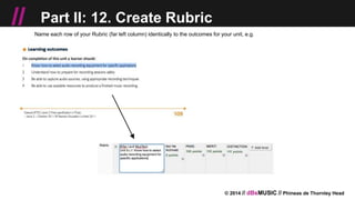 © 2014 // dBsMUSIC // Phineas de Thornley Head
// Part II: 12. Create Rubric
Name each row of your Rubric (far left column) identically to the outcomes for your unit, e.g.
 