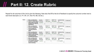© 2014 // dBsMUSIC // Phineas de Thornley Head
// Part II: 12. Create Rubric
Repeat for all outcomes of the Unit to give the following. Note also that BTec like bit of feedback to specify the outcome number next to
each level descriptor (i.e. P1, M1, D1, then P2, M2, D2 etc.).
 
