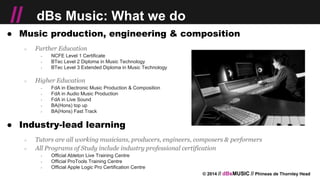 © 2014 // dBsMUSIC // Phineas de Thornley Head
// dBs Music: What we do
● Music production, engineering & composition
○ Further Education
￫ NCFE Level 1 Certificate
￫ BTec Level 2 Diploma in Music Technology
￫ BTec Level 3 Extended Diploma in Music Technology
○ Higher Education
￫ FdA in Electronic Music Production & Composition
￫ FdA in Audio Music Production
￫ FdA in Live Sound
￫ BA(Hons) top up
￫ BA(Hons) Fast Track
● Industry-lead learning
○ Tutors are all working musicians, producers, engineers, composers & performers
○ All Programs of Study include industry professional certification
￫ Official Ableton Live Training Centre
￫ Official ProTools Training Centre
￫ Official Apple Logic Pro Certification Centre
 