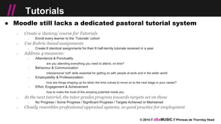 © 2014 // dBsMUSIC // Phineas de Thornley Head
// Tutorials
● Moodle still lacks a dedicated pastoral tutorial system
○ Create a ‘dummy’ course for Tutorials
￫ Enroll every learner to the ‘Tutorials’ cohort
○ Use Rubric-based assignments
￫ Create 6 identical assignments for their 6 half-termly tutorials received in a year
○ Address 4 measures:
￫ Attendance & Punctuality
are you attending everything you need to attend, on time?
￫ Behaviour & Communication
interpersonal 'soft' skills essential for getting on with people at work and in the wider world
￫ Employability & Professionalism
how are things shaping up for when the time comes to move on to the next stage in your career?
￫ Effort, Engagement & Achievement
how to make the most of the amazing potential inside you
○ At the next tutorial, the tutor grades progress towards targets set on these
￫ No Progress / Some Progress / Significant Progress / Targets Achieved or Maintained
○ Closely resembles professional appraisal systems, so good practice for employment
 