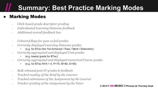 © 2014 // dBsMUSIC // Phineas de Thornley Head
// Summary: Best Practice Marking Modes
● Marking Modes
○ Click-based grade descriptor grading
○ Individuated Learning Outcome feedback
○ Additional overall feedback box
○ Coloured flags for pass vs fail grades
○ Correctly displayed Learning Outcome grades
￫ (e.g. for BTec Not Yet Achieved / Pass / Merit / Distinction)
○ Correctly aggregated and displayed Unit grades
￫ (e.g. lowest grade for BTec)
○ Correctly aggregated and displayed numerical Course grades
￫ (e.g. for BTec NYA = 0, P=70, M=80, D=90)
○ Bulk released post-IV grades & feedback
○ Tracked reading of the Brief by the Learner
○ Tracked submission of the Assignment by the Learner
○ Tracker grading of the Assignment by the Tutor
 