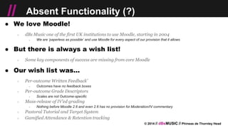 © 2014 // dBsMUSIC // Phineas de Thornley Head
// Absent Functionality (?)
● We love Moodle!
○ dBs Music one of the first UK institutions to use Moodle, starting in 2004
￫ We are ‘paperless as possible’ and use Moodle for every aspect of our provision that it allows
● But there is always a wish list!
○ Some key components of success are missing from core Moodle
● Our wish list was…
○ Per-outcome Written Feedback’
￫ Outcomes have no feedback boxes
○ Per-outcome Grade Descriptors
￫ Scales are not Outcome-specific
○ Mass-release of IV’ed grading
￫ Nothing before Moodle 2.6 and even 2.6 has no provision for Moderation/IV commentary
○ Pastoral Tutorial and Target System
○ Gamified Attendance & Retention tracking
 