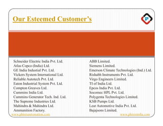 Our Esteemed Customer’s




 Schneider Electric India Pvt. Ltd.   ABB Limited.
 Atlas Copco (India) Ltd.             Siemens Limited.
 GE India Industial Pvt. Ltd.         Emerson Climate Technologies (Ind.) Ltd.
 Vickers System International Ltd.    Rishabh Instruments Pvt. Ltd.
 Reliable Autotech Pvt. Ltd.          Virgo Engineers Limited.
 Eaton Industrial System Pvt. Ltd.    TI of India Ltd.
 Compton Greaves Ltd.                 Epcos India Pvt. Ltd.
 Cummins India Ltd.                   Socomec HPL Pvt. Ltd.
 Cummins Generator Tech. Ind. Ltd.    Polygenta Technologies Limited.
 The Supreme Industries Ltd.          KSB Pumps Ltd.
 Mahindra & Mahindra Ltd.             Lear Automotive India Pvt. Ltd.
 Ammunition Factory.                  Bajajsons Limited.
www.phinixautomation.com                                  www.phinixindia.com
 