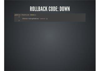 ROLLBACK CODE: DOWN
public function down()
{
$this->dropTable('users');
}
 
