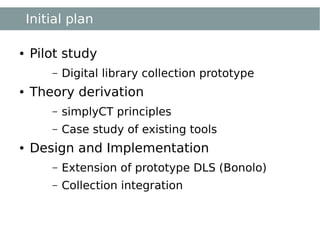 Initial plan

●   Pilot study
        –   Digital library collection prototype
●   Theory derivation
        –   simplyCT principles
        –   Case study of existing tools
●   Design and Implementation
        –   Extension of prototype DLS (Bonolo)
        –   Collection integration
 