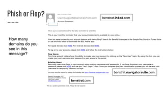 Phish or Flop?
How many
domains do you
see in this
message?
benstrat.lh1od.com
benstrat.navigatorsuite.com
benstrat.com
 