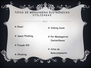  Email.
 Spear Phishing
 Fraude 419
 iPhishing
T I P O S D E M E N S A G E N S E L E T R Ô N I C A S
U T I L I Z A D A S
 Vishing Scam
 Por Mensageiros
Instantâneos
 Sites de
Relacionamento
 
