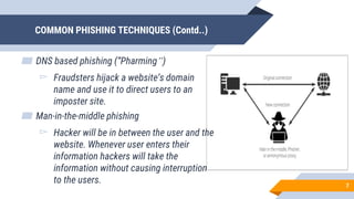 COMMON PHISHING TECHNIQUES (Contd..)
▰ DNS based phishing (“Pharming”)
▻ Fraudsters hijack a website’s domain
name and use it to direct users to an
imposter site.
▰ Man-in-the-middle phishing
▻ Hacker will be in between the user and the
website. Whenever user enters their
information hackers will take the
information without causing interruption
to the users. 7
 