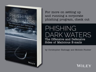 For more on setting up
and running a corporate
phishing program, check out
PHISHING
DARK WATERSThe Offensive and Defensive
Sides of Malicious E-mails
by Christopher Hadnagy and Michele Fincher
 