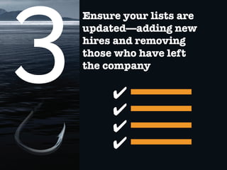 Ensure your lists are
updated—adding new
hires and removing
those who have left
the company
 