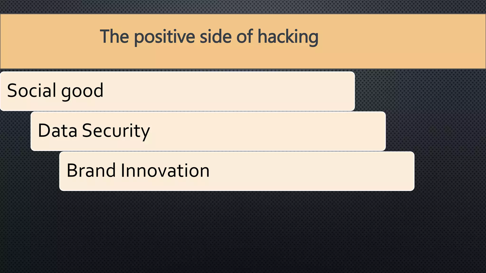 The positive side of hacking
Social good
Data Security
Brand Innovation
 