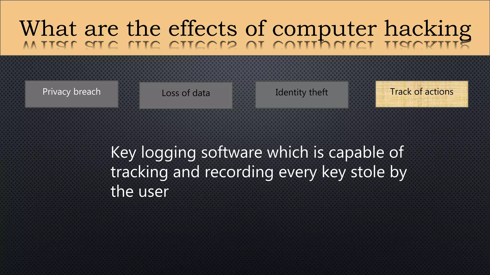 What are the effects of computer hacking
Privacy breach Loss of data Identity theft Track of actions
Key logging software which is capable of
tracking and recording every key stole by
the user
 