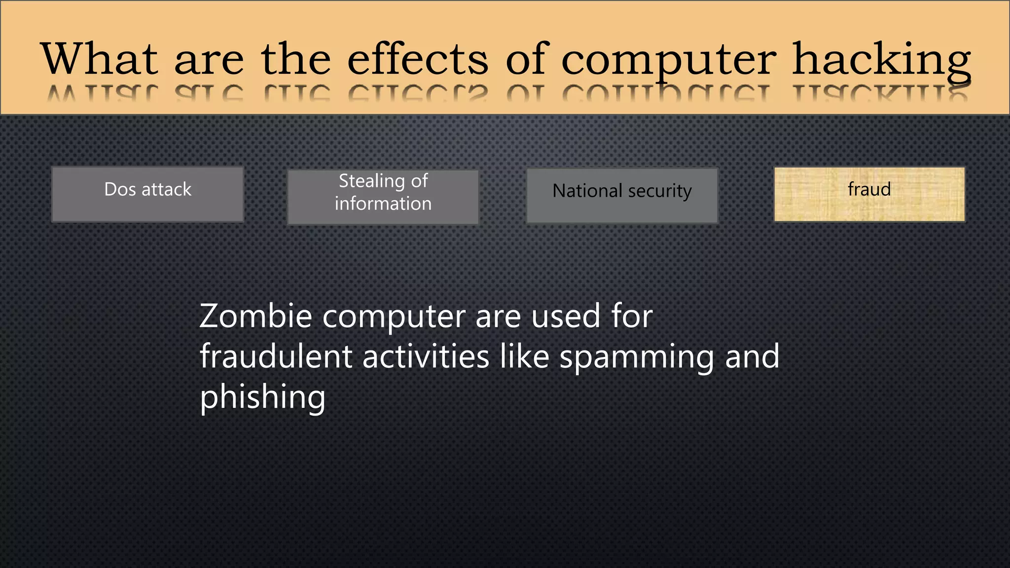 What are the effects of computer hacking
Dos attack Stealing of
information
National security fraud
Zombie computer are used for
fraudulent activities like spamming and
phishing
 