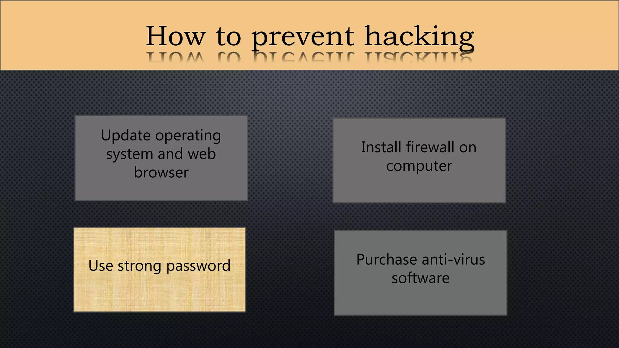 How to prevent hacking
Update operating
system and web
browser
Use strong password Purchase anti-virus
software
Install firewall on
computer
 