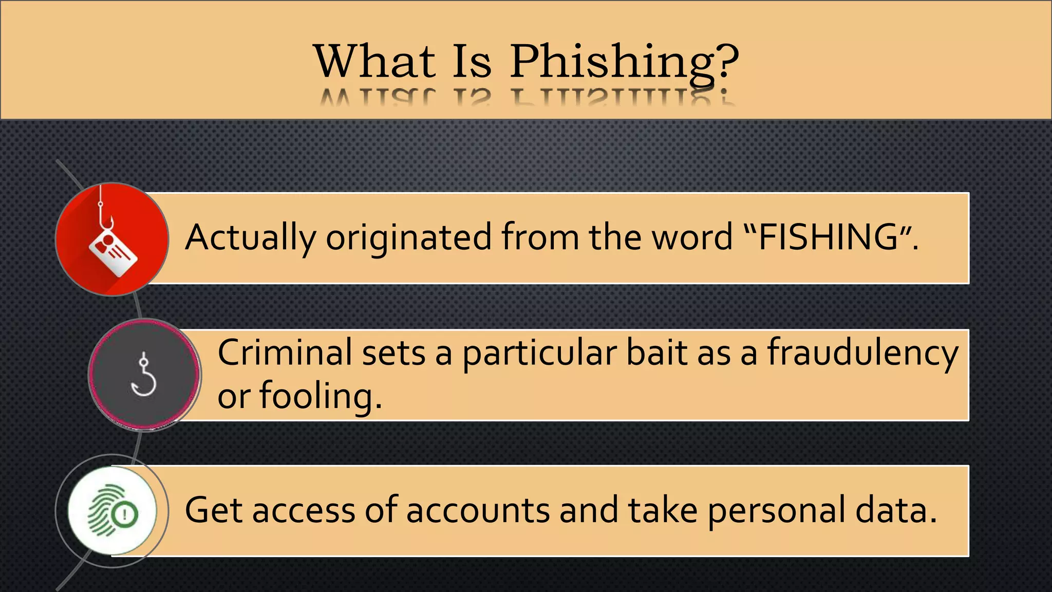 What Is Phishing?
Actually originated from the word “FISHING”.
Criminal sets a particular bait as a fraudulency
or fooling.
Get access of accounts and take personal data.
 