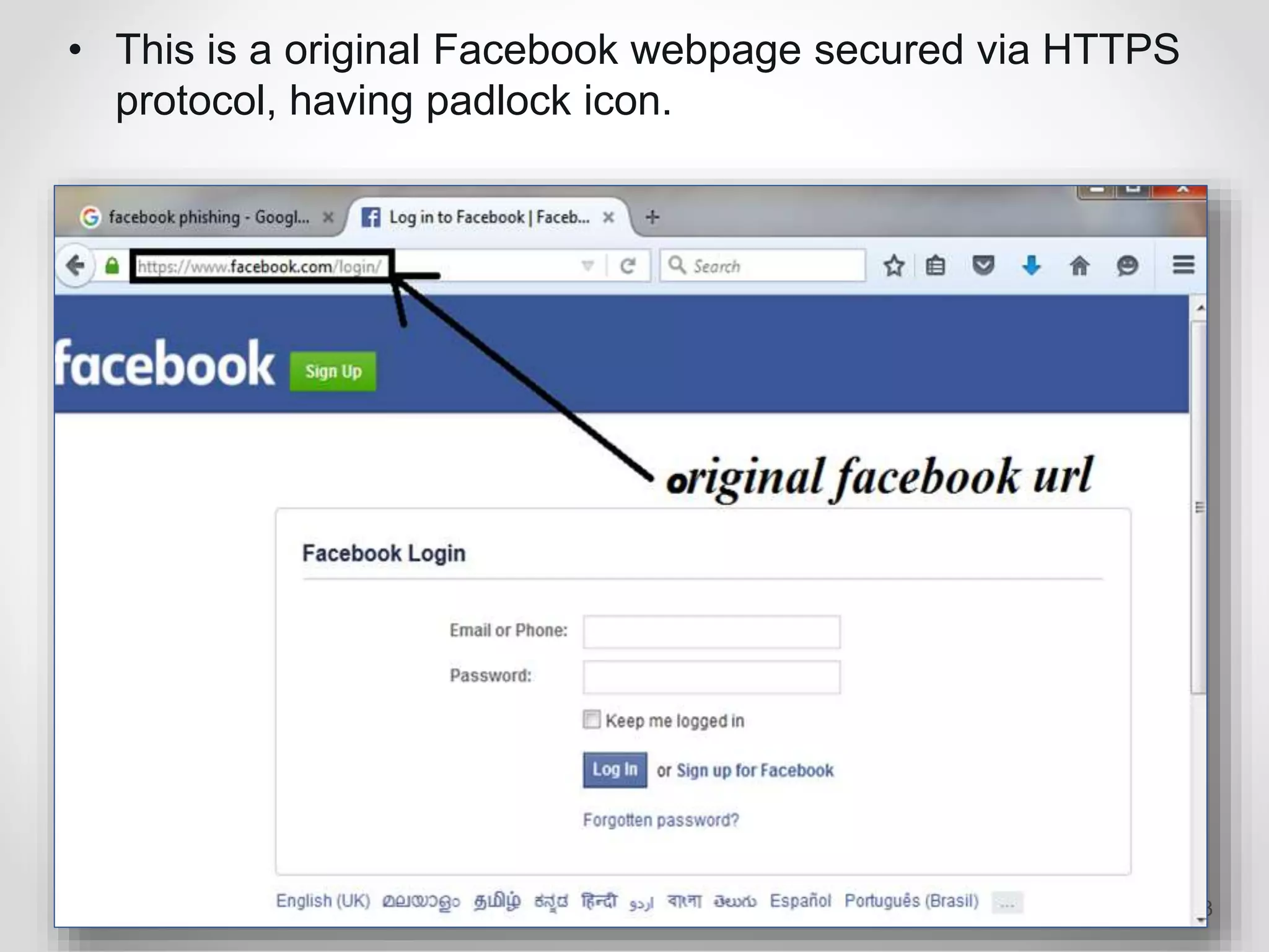 • This is a original Facebook webpage secured via HTTPS
protocol, having padlock icon.
2/15/2016Footer Text 23
 