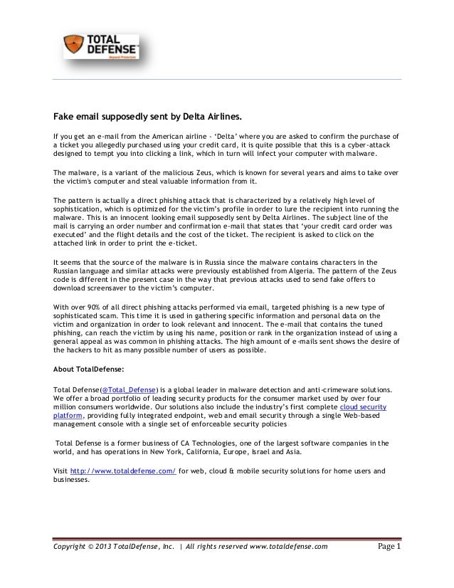Phishing attack using fake Delta Airlines email id TotalDefense Blog
