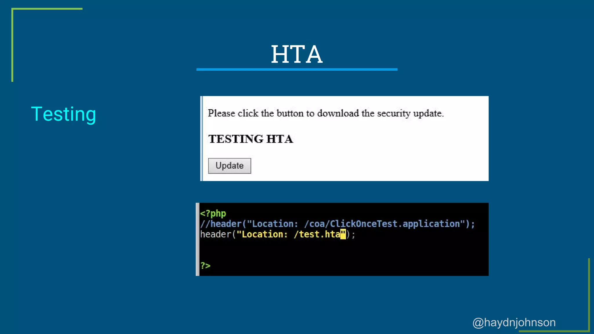 @haydnjohnson
HTA
Testing
 