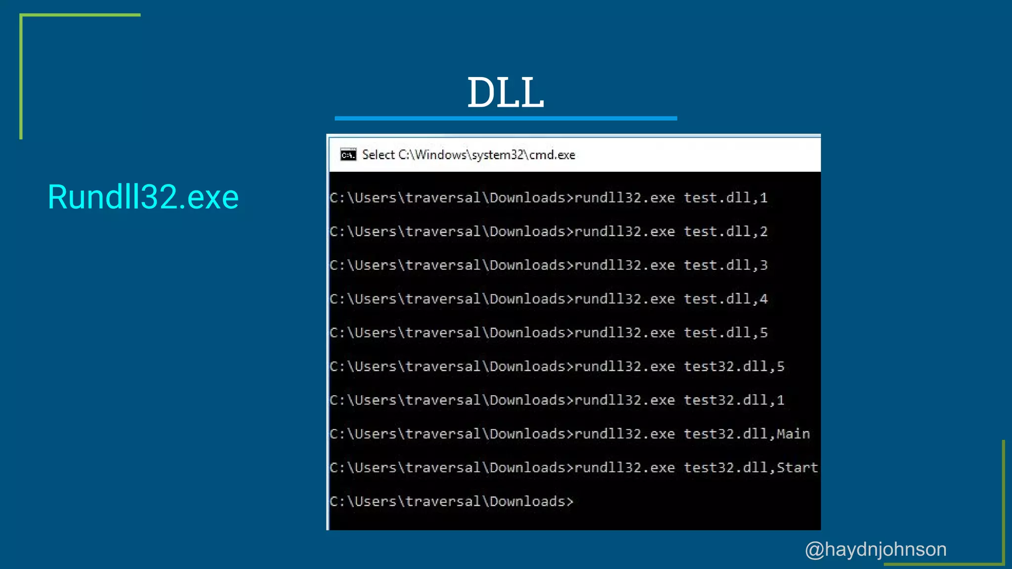 @haydnjohnson
DLL
Rundll32.exe
 