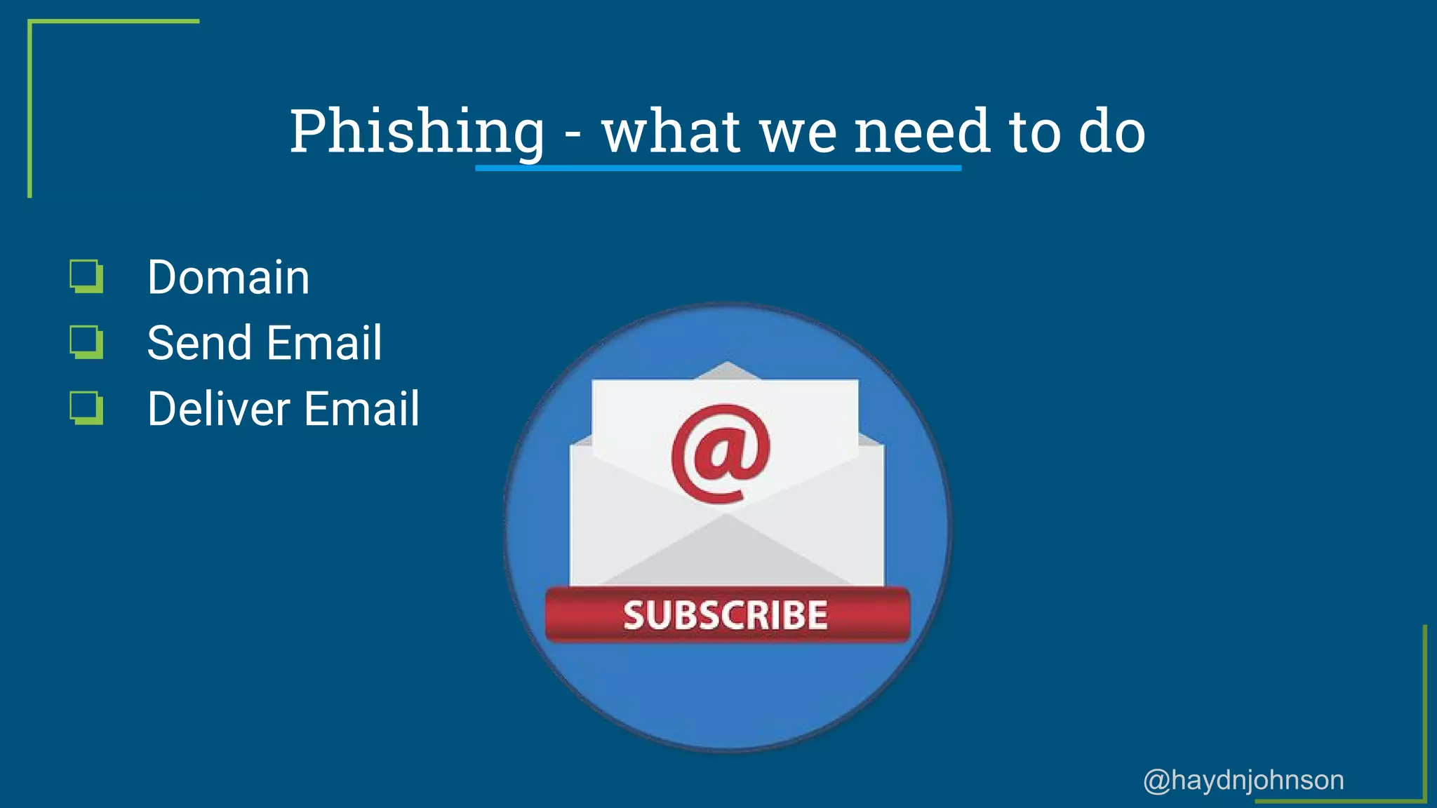 @haydnjohnson
Phishing - what we need to do
❏ Domain
❏ Send Email
❏ Deliver Email
 