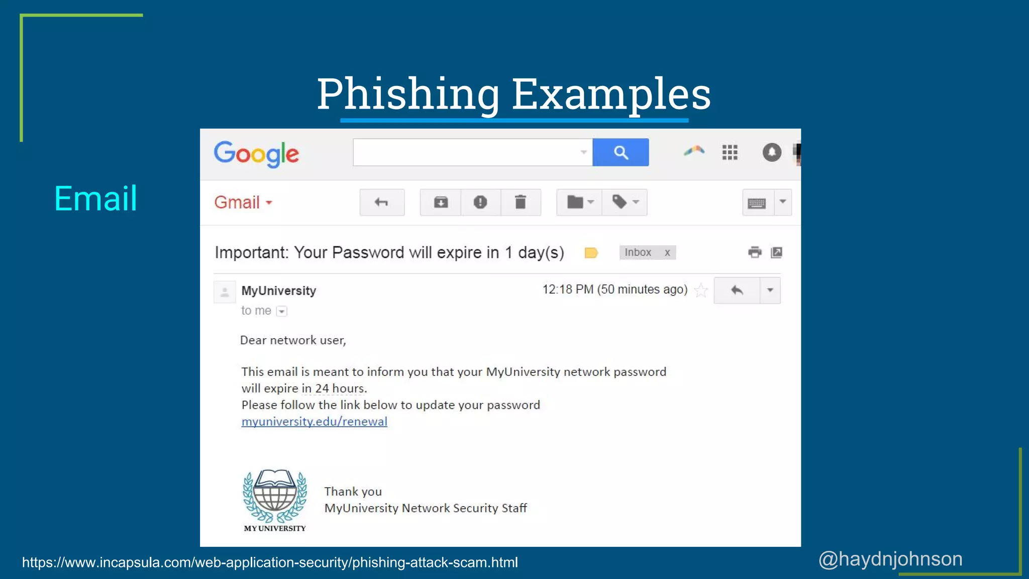 @haydnjohnson
Phishing Examples
Email
https://www.incapsula.com/web-application-security/phishing-attack-scam.html
 