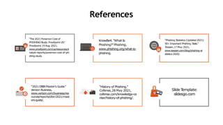 References
“Phishing Statistics (Updated 2021):
50+ Important Phishing Stats.”
Tessian,17 May 2021,
www.tessian.com/blog/phishing-st
atistics-2020/.
KnowBe4. “What Is
Phishing?”Phishing,
www.phishing.org/what-is-
phishing.
“2021 DBIRMaster's Guide.
”
Verizon Business,
www.verizon.com/business/res
ources/reports/dbir/2021/mast
ers-guide/.
Slide T
emplate:
slidesgo.com
“History of Phishing.”
Cofense,28 May 2021,
cofense.com/knowledge-ce
nter/history-of-phishing/.
“The 2021 Ponemon Cost of
PHISHINGStudy:Proofpoint US.
”
Proofpoint,19 Aug.2021,
www.proofpoint.com/us/resources/a
nalyst-reports/ponemon-cost-of-phi
shing-study.
 