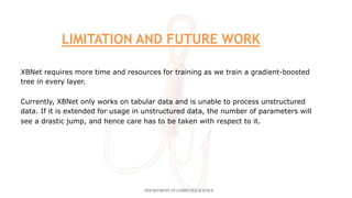 XBNet requires more time and resources for training as we train a gradient-boosted
tree in every layer.
Currently, XBNet only works on tabular data and is unable to process unstructured
data. If it is extended for usage in unstructured data, the number of parameters will
see a drastic jump, and hence care has to be taken with respect to it.
DEPARTMENT OF COMPUTER SCIENCE
LIMITATION AND FUTURE WORK
 