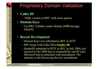 Proprietary Domain Validation
      • Caller ID
        – “XML version of SPF” with more options
      • Domain Keys
        – Use PKI. Validate sender identity AND message
          integrity

      • Recent Development
        – Domain Keys was submitted as RFC to IETF
        – SPF merge with Caller ID to Sender ID.
        – SenderID submitted to IETF as RFC in July 2004; got
          rejected in Oct 2004 due to compatibility and IP issue.
          Microsoft had re-submitted with amendment. The
          industry is still discussing the new amendment.

108          (PHISHING )
 