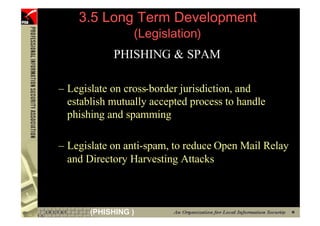 3.5 Long Term Development
                       (Legislation)
                  PHISHING & SPAM

      – Legislate on cross-border jurisdiction, and
        establish mutually accepted process to handle
        phishing and spamming

      – Legislate on anti-spam, to reduce Open Mail Relay
        and Directory Harvesting Attacks



109          (PHISHING )
 