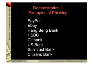 Demonstration 1
      Examples of Phishing
      PayPal
      Ebay
      Hang Seng Bank
      HSBC
      Citibank
      US Bank
      SunTrust Bank
      Citizens Bank
12   (PHISHING )
 
