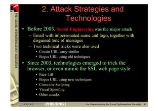 2. Attack Strategies and
                       Technologies
     • Before 2003, Social Engineering was the major attack
        – Email with impersonated name and logo, together with
          disguised tone of messages
        – Two technical tricks were also used
           • Cousin URL carry similar
           • Bogus URL using old techniques
     • Since 2003, technologies emerged to trick the
       browser, or even mimic the SSL web page style
           •   Face Lift
           •   Bogus URL using new techniques
           •   Cross-site Scripting
           •   Visual Spoofing
           •   Other attacks

20                (PHISHING )
 