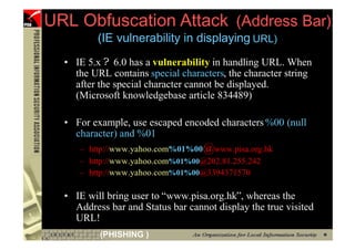 URL Obfuscation Attack (Address Bar)
               (IE vulnerability in displaying URL)
       • IE 5.x ? 6.0 has a vulnerability in handling URL. When
         the URL contains special characters, the character string
         after the special character cannot be displayed.
         (Microsoft knowledgebase article 834489)

       • For example, use escaped encoded characters %00 (null
         character) and %01
          – http://www.yahoo.com%01%00@www.pisa.org.hk
          – http://www.yahoo.com%01%00@202.81.255.242
          – http://www.yahoo.com%01%00@3394371570

       • IE will bring user to “www.pisa.org.hk”, whereas the
         Address bar and Status bar cannot display the true visited
         URL!
29             (PHISHING )
 