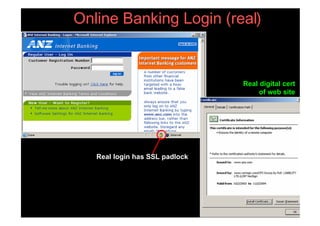 Online Banking Login (real)


                                     Real digital cert
                                          of web site




        Real login has SSL padlock




41     (PHISHING )
 