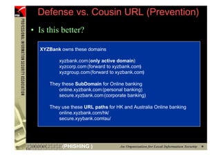 Defense vs. Cousin URL (Prevention)
     • Is this better?

       XYZBank owns these domains

              xyzbank.com (only active domain)
              xyzcorp.com (forward to xyzbank.com)
              xyzgroup.com (forward to xyzbank.com)

          They these SubDomain for Online banking
              online.xyzbank.com (personal banking)
              secure.xyzbank.com (corporate banking)

          They use these URL paths for HK and Australia Online banking
              online.xyzbank.com/hk/
              secure.xyybank.com/au/




43             (PHISHING )
 